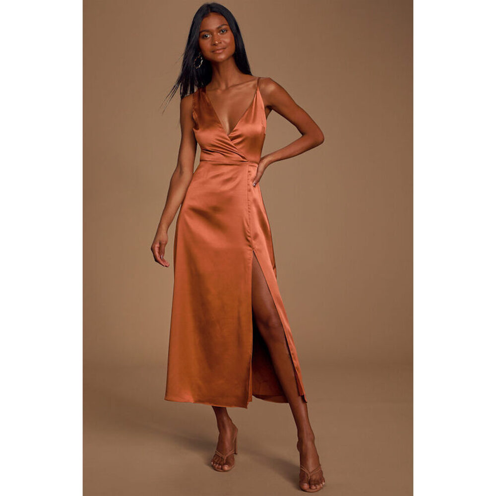 Lulus Leave 'em Wowed Bronze Satin Asymmetrical Midi Dress Brown - Size XS